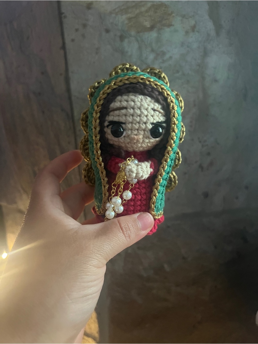 Handmade Crochet Virgin Mary Doll  - Red, Green, Gold